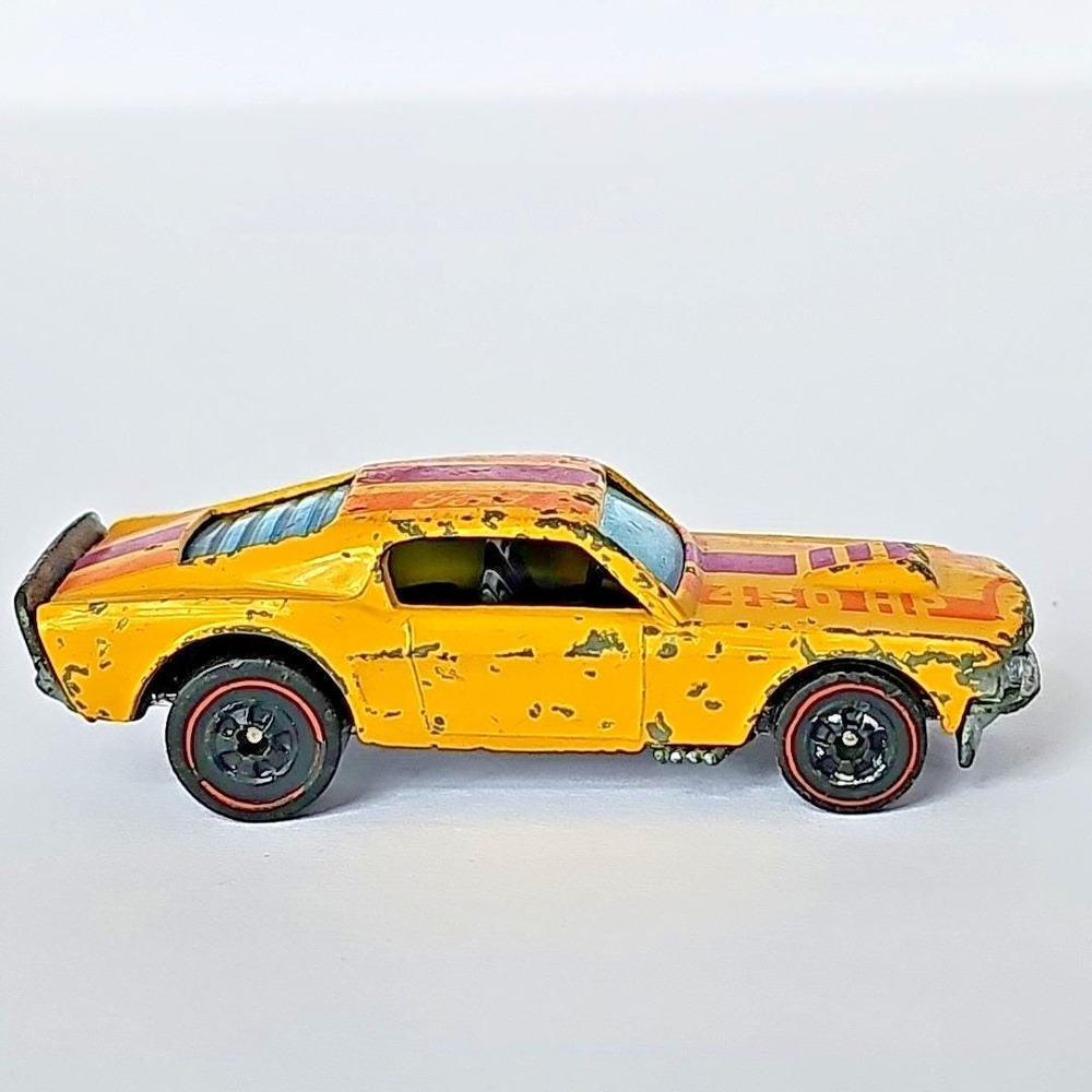 1968 Hot Wheels Redline Custom Mustang Yellow 450HP Ford Racing Stripe Vintage